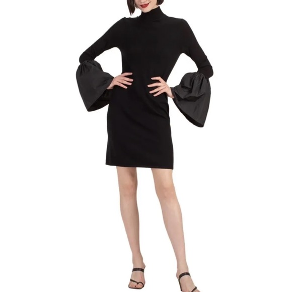 Trina Turk Dresses & Skirts - Trina Turk Black Wool Larissa Sweater Dress Mock Turtleneck Taffeta Bell Cuffs S